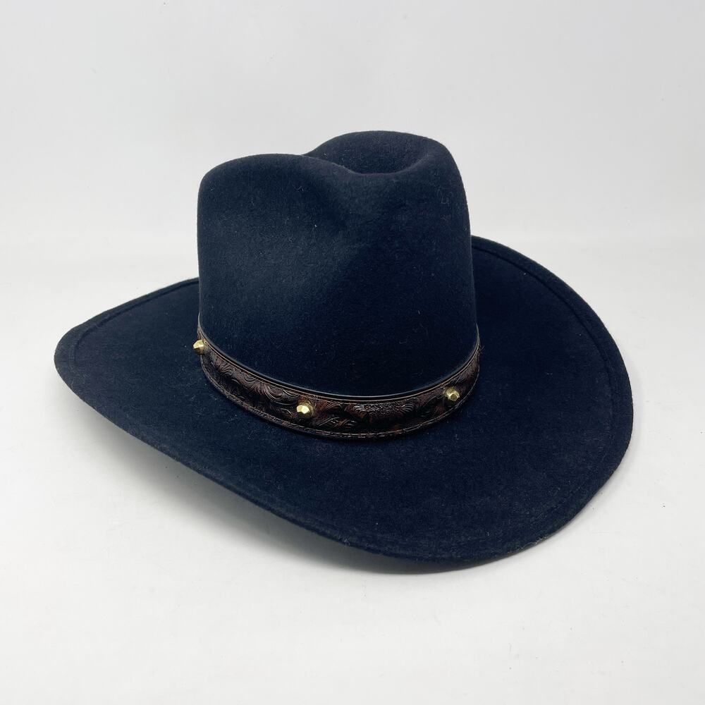 Vintage Black Wool Felt Western Cowboy Hat Brass Studs Feathers mens 7 Unisex